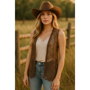 Vitrin Design Lace Vest Womens Large Brown Whimsical Floral Fall Hippie Boho